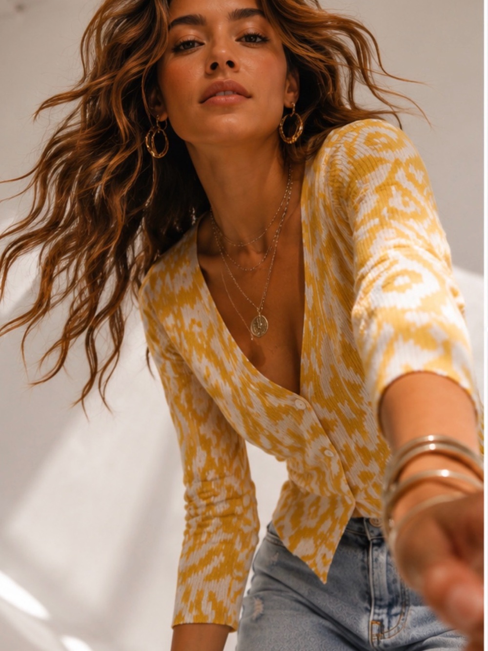 Rafaella Yellow and White Button-Front V-Neck Top